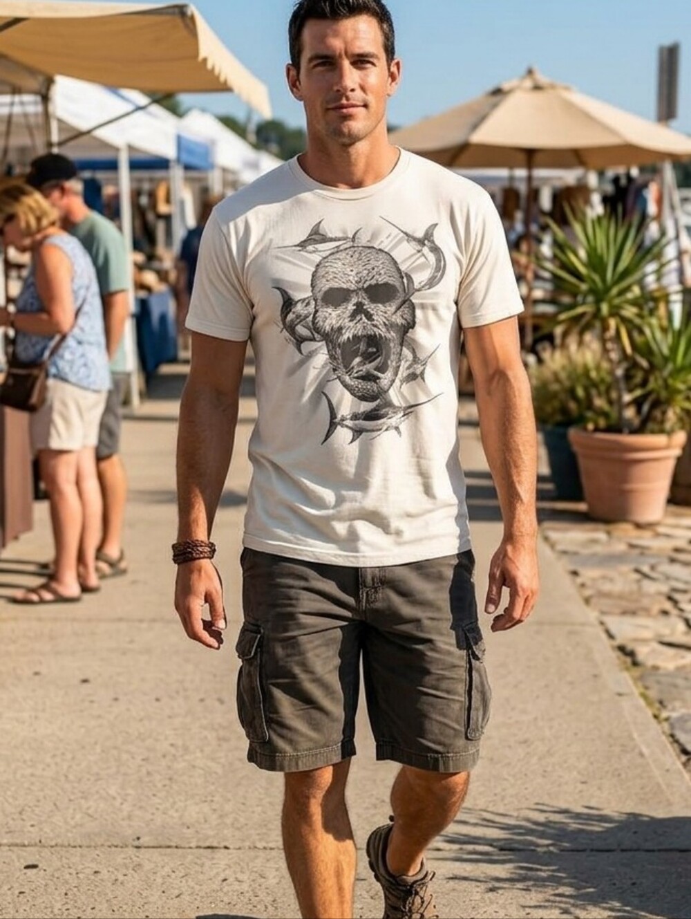 Hooked Carpe Diem White Graphic Men's Shirt. Sword Fish, Squid And Skull. XL.
